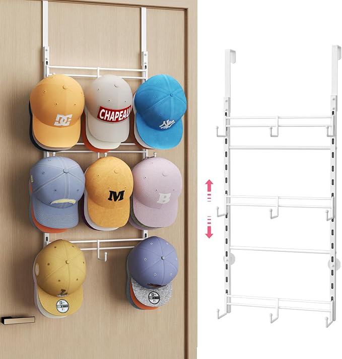 SWTYMIKI Over Door Hat Organizer - 3 Tier Metal Adjustable Wall Mounted Hat Rack with 9 Hooks Design, Hanging Baseball Cap Organizer Storage Holds up to 27 Caps for Door, Bedroom, Closet