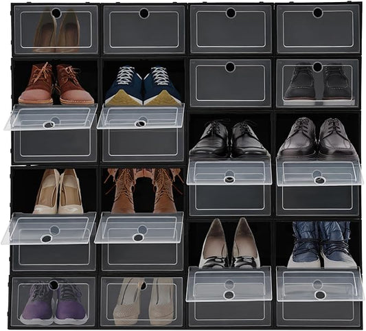 24 Pack Stackable Shoe Boxes with Clear Lids - Foldable Shoe Storage Organizer for Closet Cabinet, Color Options for Sneakers Flats Home Organization (Black)
