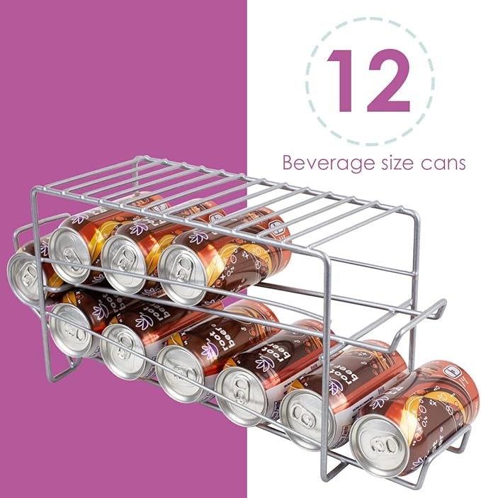 Home Basics Steel Can Dispenser, (Silver) 12 Can Soda Organizer For Refrigerator And Pantry | 2 Tier Can Holder