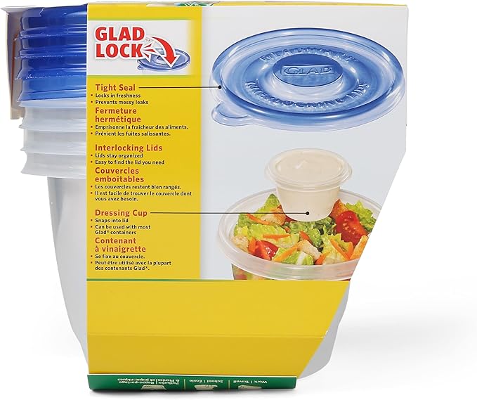 Glad GladWare To Go Lunch Food Storage Containers with Lids, Medium Round BPA Free Plastic with Built-In Dressing Cup for Salads and Lunches, Microwave Dishwasher Safe, 32 Oz, 4 Count