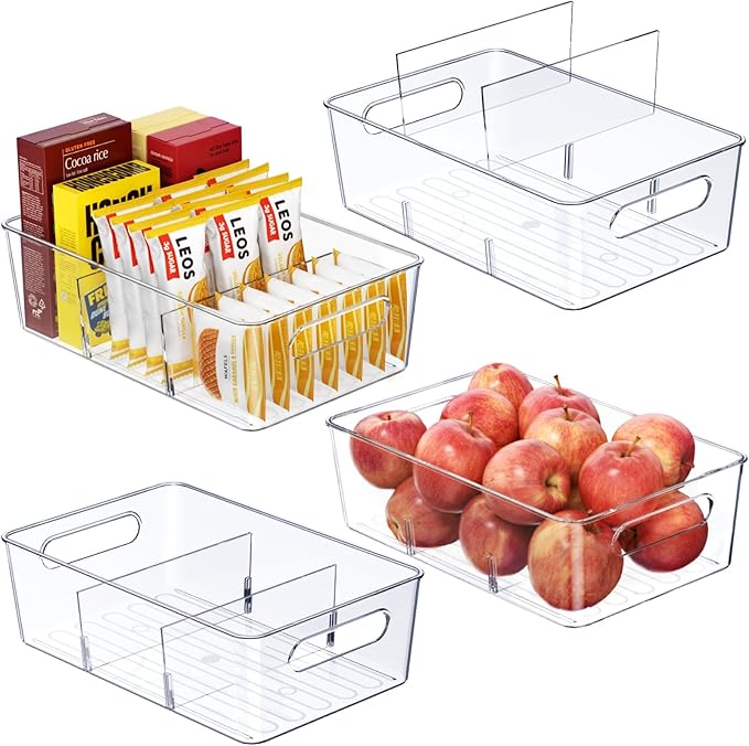 Mpotmiy 4 Pack Clear Pantry Organizers and Storage Bins with Divider, Transparent Plastic Basket, Refrigerator and Fridge Bins