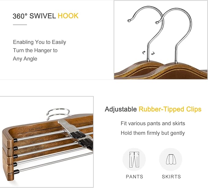 TOPIA HANGER Wooden Pants Hangers,Slim Natural Wood Skirt Hangers with Anti-Rust Hook and Adjustable Metal Clips, Perfect for Skirts,Pants,Slacks-10 Pack-CT17A