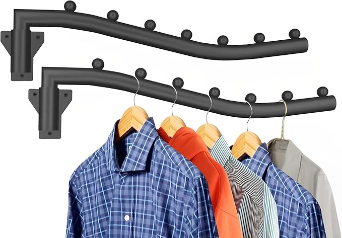 Folding Clothes Hanger Rack Swing Arm Hook Holder Clothing Hanging Garment Drying Closet Rod Storage Organizer Wall Mount Space Saving for Closet Organizer Bathroom Bedroom Laundry 2 Pack Black