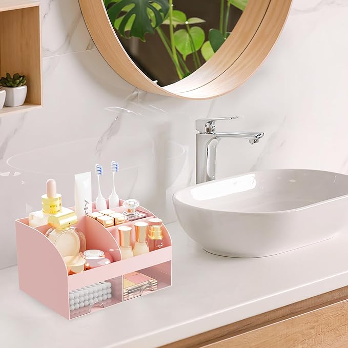 Makeup Organizer with 2 Drawers, Cosmetic Storage for Dresser Vanity and Bathroom Countertop,Make up organization and Skincare Storage with Beauty Brush Holder, Cosmetic Display Case (Pink)