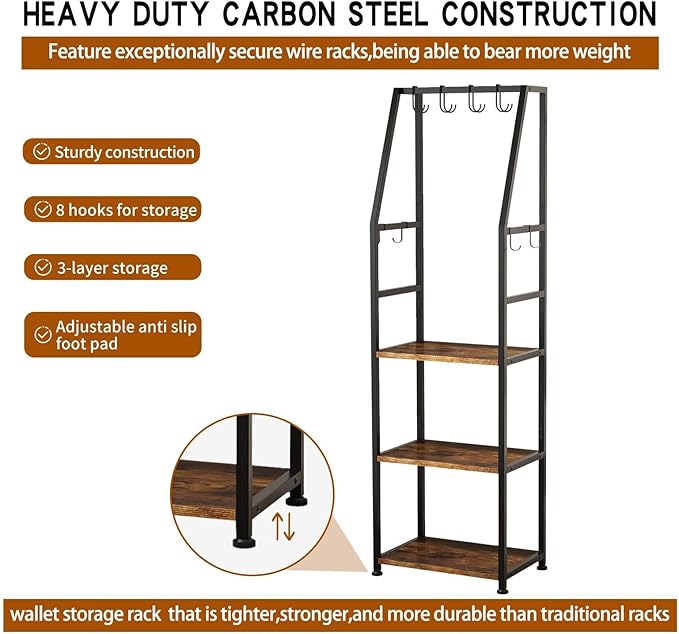 3-Tier Purse Stand Handbag Organizer, Hall Tree for Entryway Steel Frame, with 8 Removable Hooks，Clothes Rack Stand Organizer(Rustic Brown)