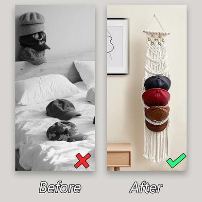Baseball Hat Organizer,Hat Holder on Wall, Decorative Boho Macrame Hat Rack for Wall to Display Your Baseball Caps Collection