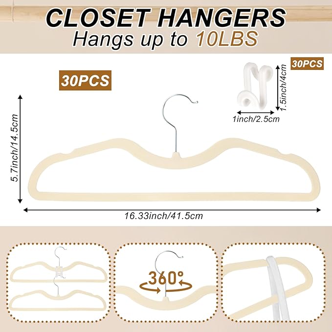 Velvet Pants Hangers Non Slip, 30 Pack Velvet Hangers for Closet with 30 Hooks, Slimline Pants Hanger, Strong Durable Space Saving Flocked Hangaers for Pants/Shirts/Bra/Shorts (Cream-M-Shape)