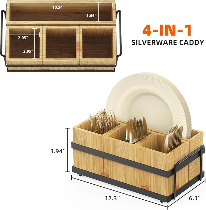 Silverware Caddy for Party, Wood Utensil Caddy with 4 Removable Compartments for Kitchen Countertop Organizing Paper Plate, Fork, Spoon, Napkin