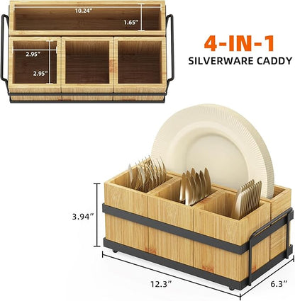 Silverware Caddy for Party, Wood Utensil Caddy with 4 Removable Compartments for Kitchen Countertop Organizing Paper Plate, Fork, Spoon, Napkin