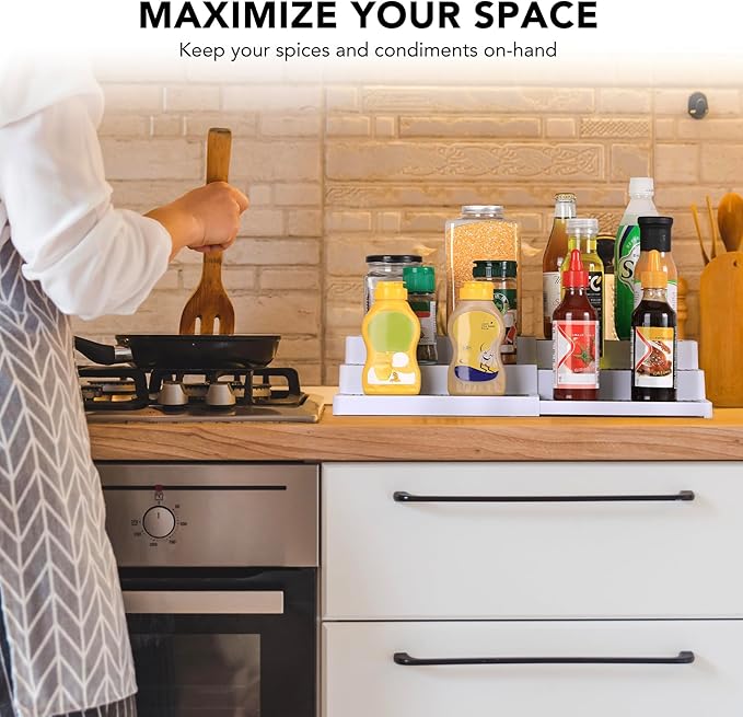 CiWiVOKi 3-Tier Expandable Spice Rack, Plastic Spice Rack Organizer for Cabinet, Adjustable Length, Non-Skid Spice Shelf Organizer for Kitchen Cabinet, Countertop or Pantry, 2 Pack, White/Grey