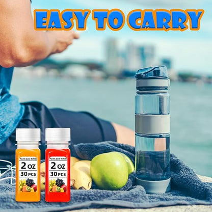 30 Pcs 2oz Small Plastic Shot Bottles with White Caps,Reusable Clear Juice Bottles,Empty Plastic Containers with 10 Funnels for Ginger Shots,Liquids,Beverages