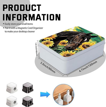 Metal Tin Box with Lid for Game Cards Home Organizer Candles Keys Crafts Storage - Equipped with 4 Magnetic Cord Clips，Horses and Sunflowers