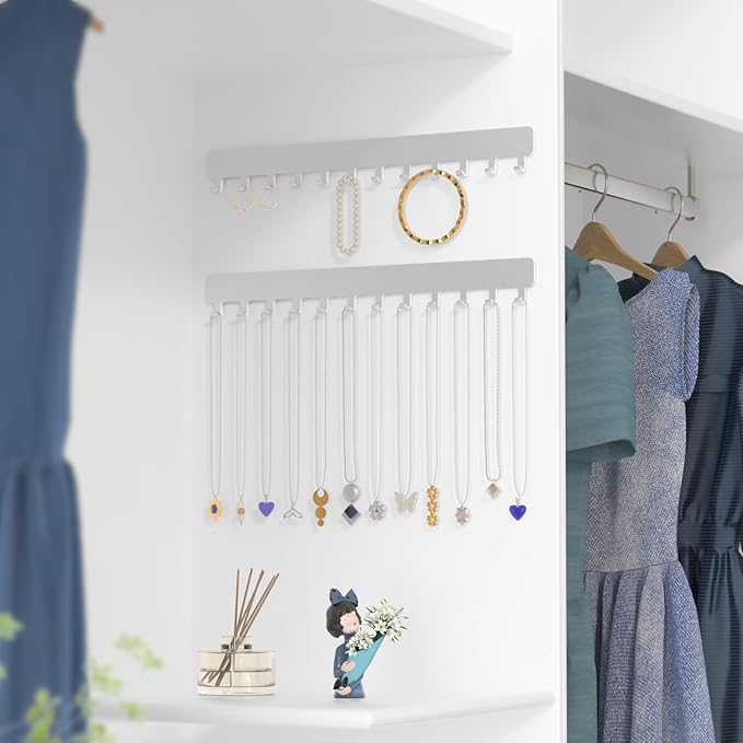 Necklace Holder Wall Organizer - Jewelry Hanging Hooks for Necklaces, Bracelets, Earrings - Easy Stick-On Installation - Space-Saving Metal Design, Silver