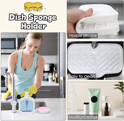 Yasmen Silicone Bathroom Soap Dishes, Sink Sponge Holder for Kitchen, Rubber Soap Dish with Drain, Shower Soap Sponge Tray, Sink or Counter Organizer, for Bar Soap, Bottle, Dish Soap Dispenser-White
