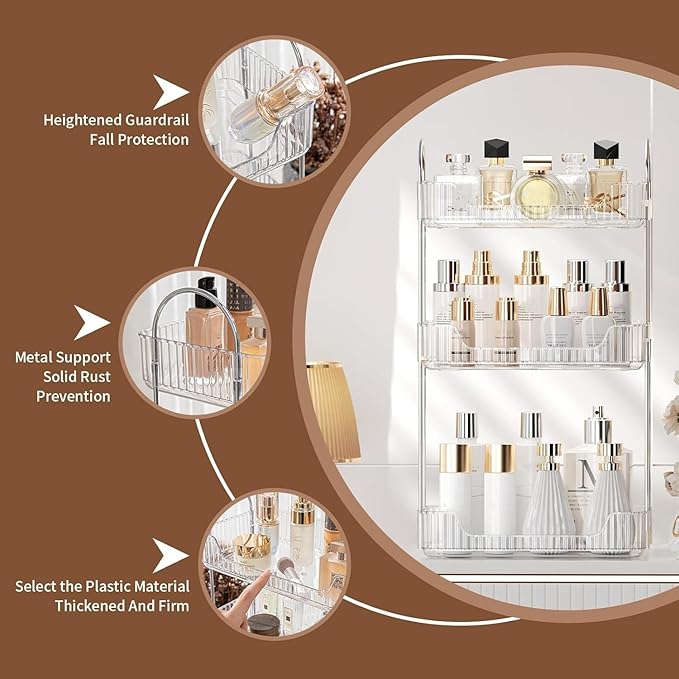 Bathroom Organizer Countertop, Vanity Trays, Skincare Makeup Organizer Shelf, Counter Shelf for Cosmetics, Toiletries, Lotions, Perfumes (3 Tiers, Clear)