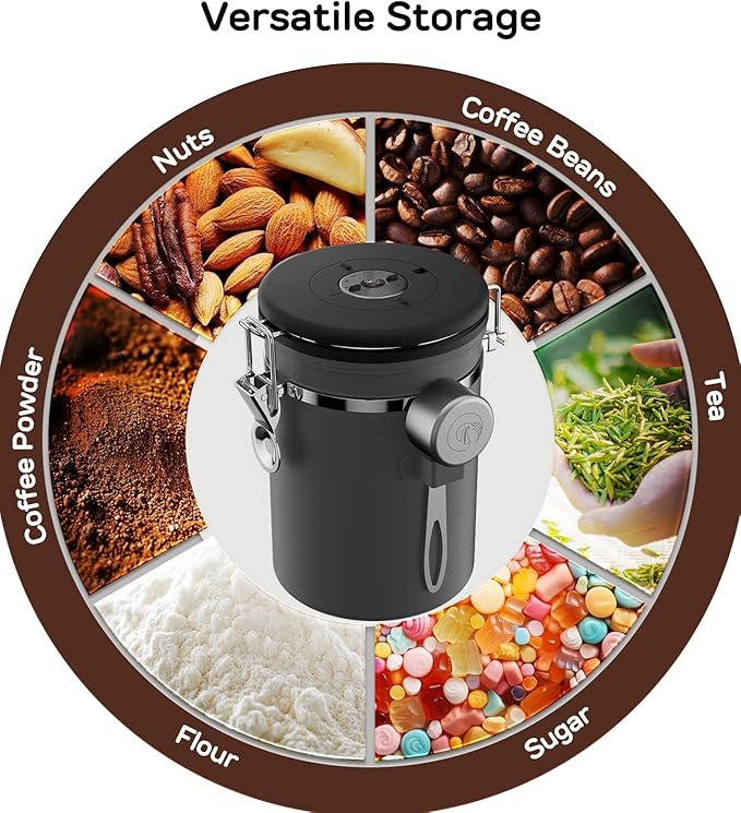 Coffee Gator Stainless Steel Canister - Medium 16oz, Gray Coffee Grounds and Beans Container with Date-Tracker, CO2-Release Valve, and Measuring Scoop - Ideal Coffee Lovers Gifts