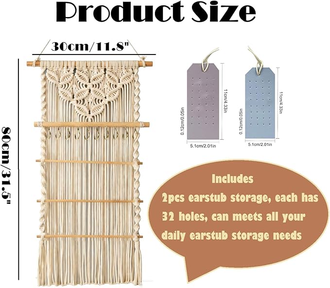 Macrame Jewelry Hanger, Hanging Jewelry Organizer,Boho Earring Holder Wall Mounted Necklace Holder, Tapestry Earrings Display, Bracelet Storage Minimalist Decor Tassel for Women Room (White)