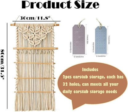 Macrame Jewelry Hanger, Hanging Jewelry Organizer,Boho Earring Holder Wall Mounted Necklace Holder, Tapestry Earrings Display, Bracelet Storage Minimalist Decor Tassel for Women Room (White)