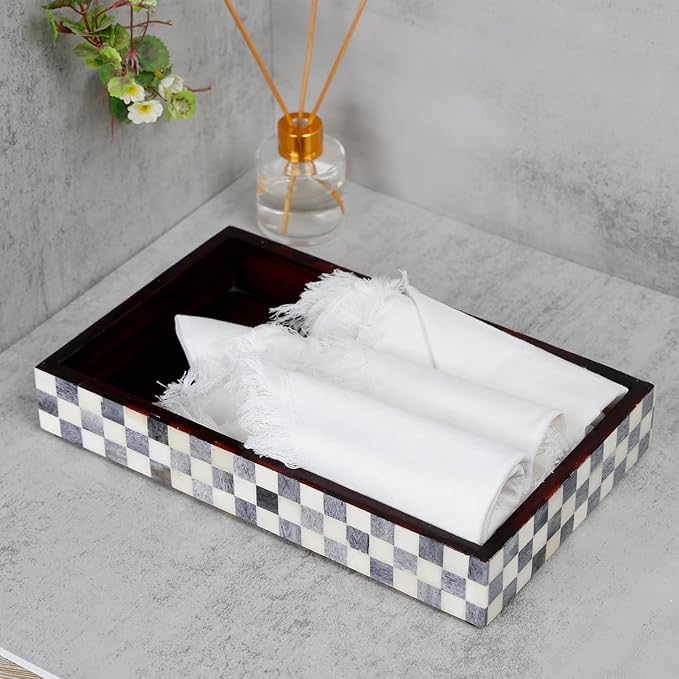 Handicrafts Home Small White & Black Bathroom Tray, Vanity Tray for Countertop & Kitchen Sink Decor, Decorative Napkin Holder, Vanity Tray for Cosmetics Organizer, Guest Towel Holder - Checkered 10x6