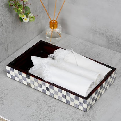 Handicrafts Home Small White & Black Bathroom Tray, Vanity Tray for Countertop & Kitchen Sink Decor, Decorative Napkin Holder, Vanity Tray for Cosmetics Organizer, Guest Towel Holder - Checkered 10x6