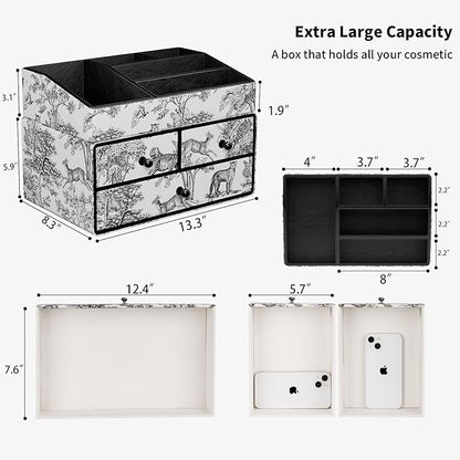 GORESE Leather Makeup Organizer with 3 Drawers for Vanity, Stackable Skincare Holder Dresser Organizer Countertop, Make Up Storage Organizers Counter Cosmetic Display Case Gift for Women(Retro Black)