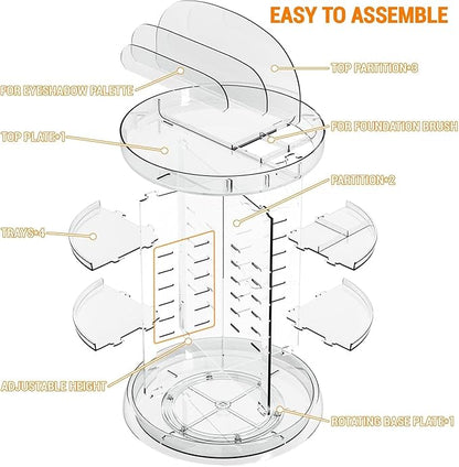 Yieach 360 Rotating Makeup Organizer for Vanity,Bathroom counter,Adjustable Spinning Skincare Organizers,Cosmetic Display Cases and Makeup Holder for Palette,Eyeshadow,Brush,Perfume Organizer,Clear
