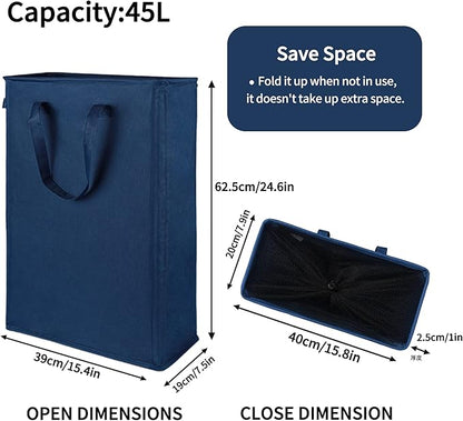 Odonata Slim Laundry Hamper Handles Collapsible Laundry Basket Thin Dirty Clothes Basket Narrow Laundry Bag Foldable Dirty Hamper 45L (Navy blue)