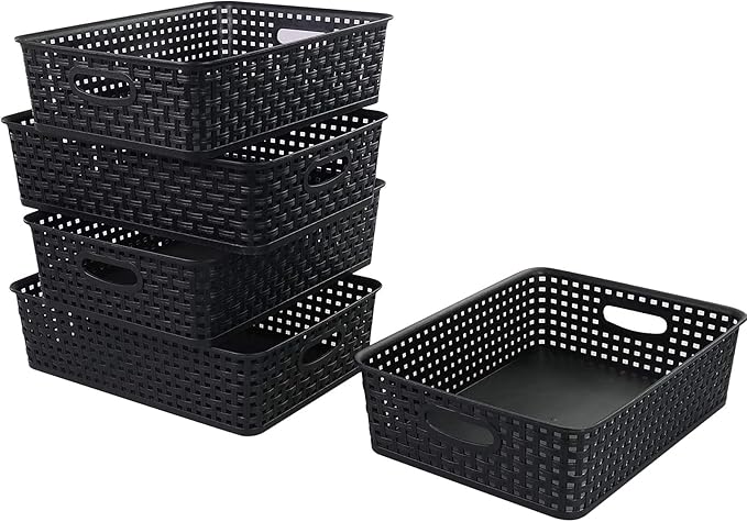 5 Packs Plastic Paper Storage Basket Tray for Office, Black