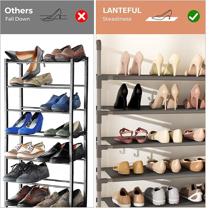 LANTEFUL Tall Shoe Rack 10 Tier Shoe Organizer Large Shoe Shelf with 18 Hooks Storage for 50 Pair Sneaker and Boot, Stackable Vertical Shoe Rack Organizer for Closet, Entryway, Bedroom, Grey