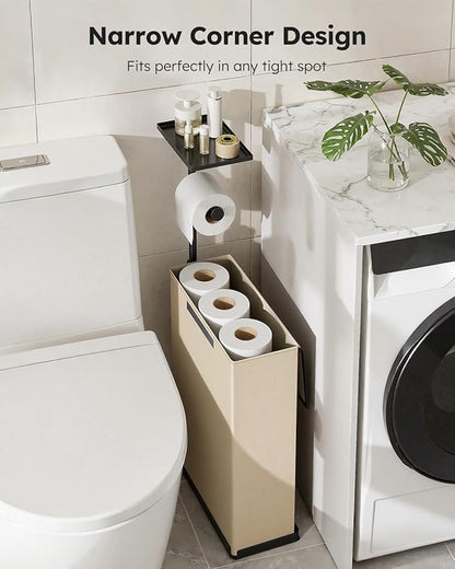 Freestanding Toilet Paper Holder Stand with Shelf for Up to 12 Rolls,Rustproof Metal Bathroom Toilet Paper Storage with Lid, All-in-One Toilet Tissue Roll Dispenser and Organizer,Beige