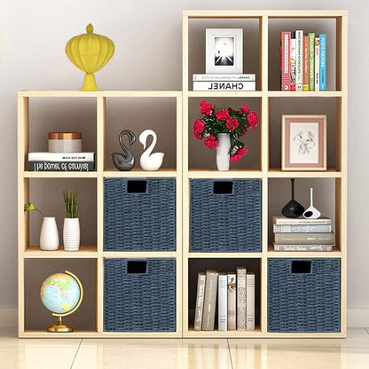 Vagusicc Wicker Storage Basket, Set of 2 Hand-Woven Storage Baskets for Shelves with Handles, Foldable Cube Storage Bins Organizer, Blue 13x13 Inch Large Wicker Baskets for Pantry Bedroom Decor, Blue