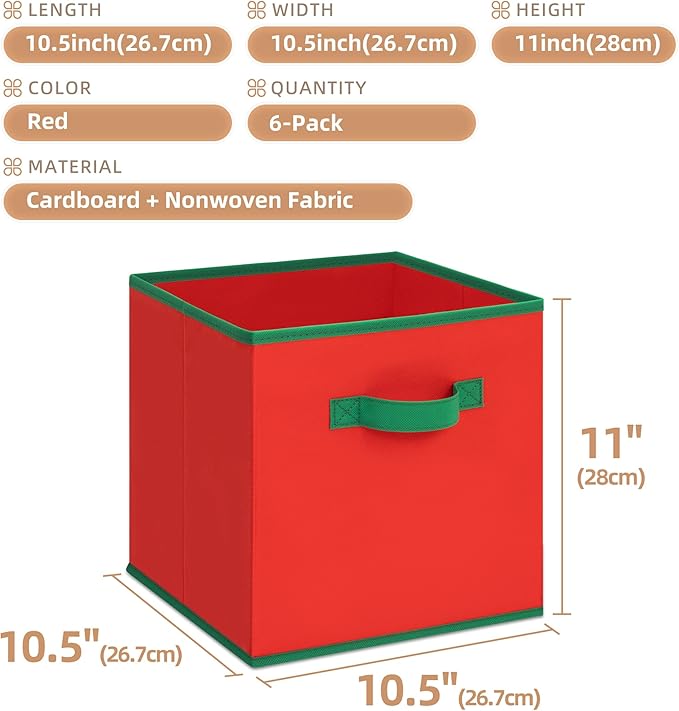 STORAGE MANIAC Storage Cubes, 11 Inch Durable 6 Pack Storage Shelf Basket for Christmas, Fabric Foldable Collapsible Bins with Handles for Organization, Closet, Shelves, Offices, Toys, Red