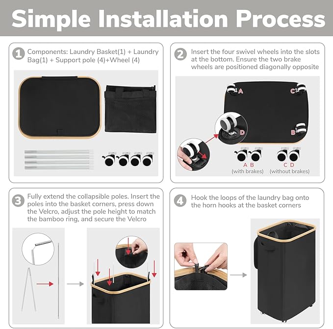 Goodpick Laundry Basket with Wheels, 100L Rolling Laundry Hamper with Lid Clothes Hampers with Removable Wash Bag Large Clothes Basket for Bedroom, Bathroom, Black