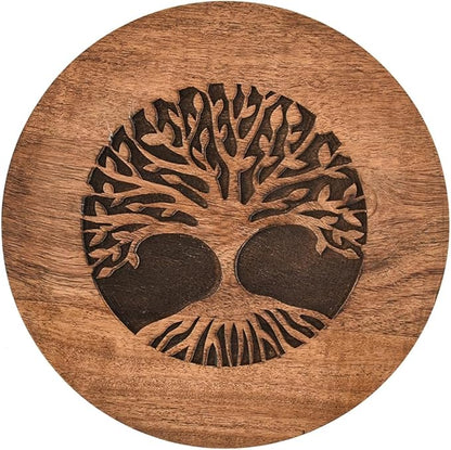 Spice Celler Black Acacia Wood Round Spice Box – Tree of Life Engraved Lid | 7 Compartment Masala Dabba for Kitchen Storage (8” X 8” X 2.25”)