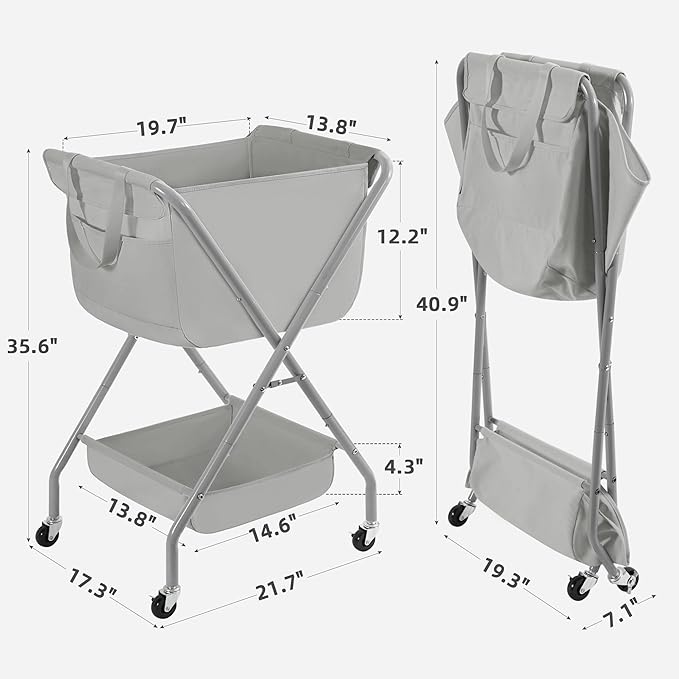 STORAGE MANIAC Collapsible Laundry Cart with Wheels 35.6"H Removable Canvas Bag Rolling Laundry Hamper Clothes Basket with Wheels, Sturdy Steel Frame Folding for Small Narrow Space Easy Storage, Grey