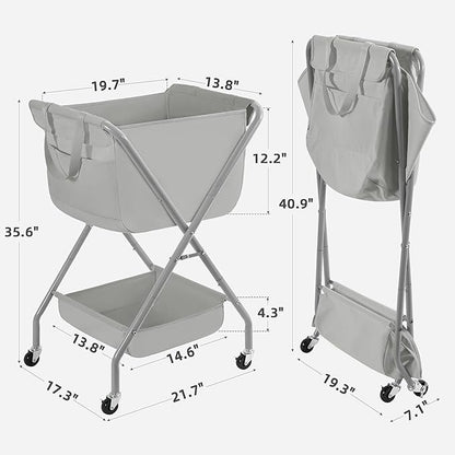 STORAGE MANIAC Collapsible Laundry Cart with Wheels 35.6"H Removable Canvas Bag Rolling Laundry Hamper Clothes Basket with Wheels, Sturdy Steel Frame Folding for Small Narrow Space Easy Storage, Grey
