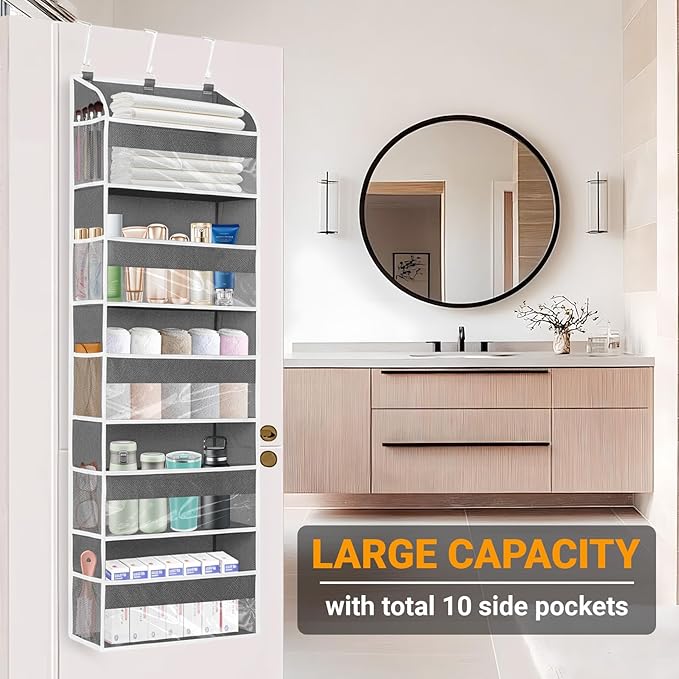 Gray 5 Layers Over The Door Organizer, Heavy Duty Hanging Organizer with Clear Window, 5 Large Pockets & 10 Mesh Side Pockets for Bedroom, Bathroom, Pantry, Nursery, Stores Shoes, Diapers