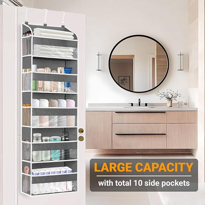 Gray 5 Layers Over The Door Organizer, Heavy Duty Hanging Organizer with Clear Window, 5 Large Pockets & 10 Mesh Side Pockets for Bedroom, Bathroom, Pantry, Nursery, Stores Shoes, Diapers