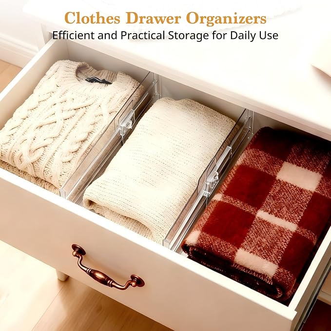 8 Pack Clear Drawer Dividers for Clothes, 4" High 10.6"–16.9" Adjustable Expandable Dresser Drawer Organizer, Dresser Separators for Baby Clothing, Underwear, Sock, Cosmetic, Kitchen, Office Storage