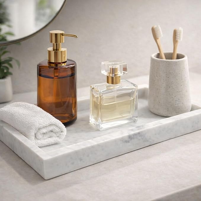 Natural White Marble Tray for Bathroom | Kitchen | Vanity | Desktop, Stone Organizer for Coffee Table, Dresser, Nightstand, Candles, Soap, Towel, Plant, Jewelry (10" x 6"), Rectangular