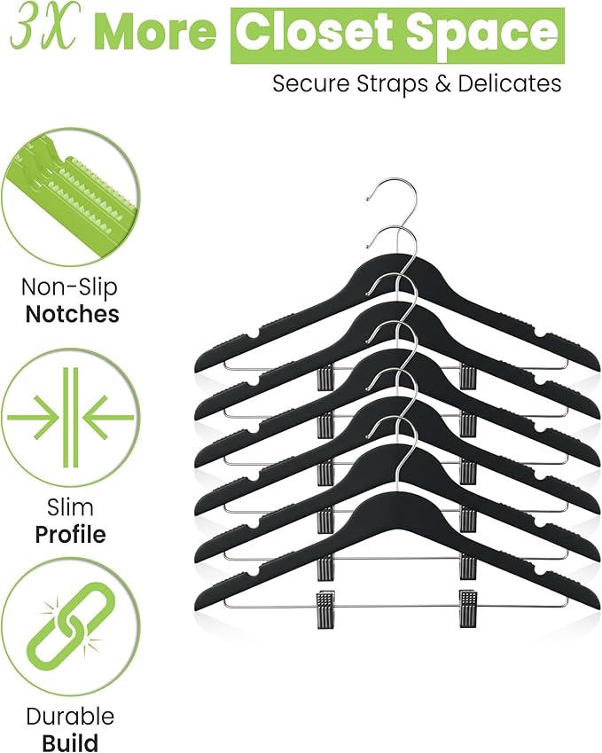 All Hung Up Hangers Slim Plastic Clothes Hangers with Clips, Space-Saving Design with Non-Slip Grip, Durable for Everyday Use, Black, 12pcs