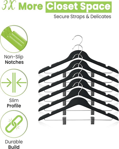 All Hung Up Hangers Slim Plastic Clothes Hangers with Clips, Space-Saving Design with Non-Slip Grip, Durable for Everyday Use, Black, 12pcs