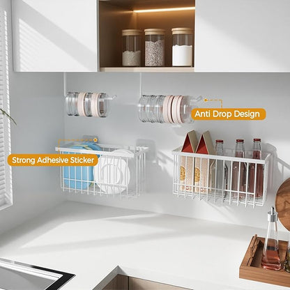 4 Pack Adhesive Cabinet Door Organizer - Tumbler Lid Organizer & Kitchen Storage baskets for Kitchen, Bathroom, Inside Cabinet Door Storage for Cup Lids, Spices, Small Supplies, Space-Saving (White)