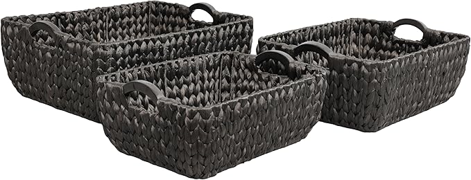 happimess BSK2020C-3SET Astor Bohemian Farmhouse Handwoven Water Hyacinth Nesting Storage Baskets with Wood Handles, Seagrass Containers for Decoration in Living Room, Bedroom, Black (Set of 3)