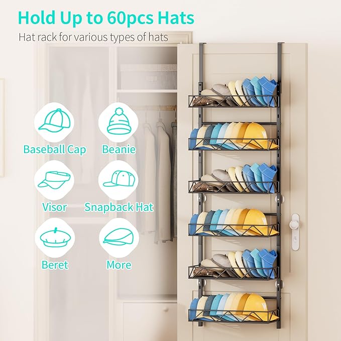 HapiRm Over the Door Hat Organizer - 6 Tier Wall Mounted Hat Rack with 6 Adjustable Metal Basket, Baseball Caps Organizer Storage Holds up to 60 Caps for Door, Bedroom, Closet (Black)