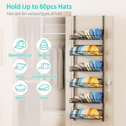HapiRm Over the Door Hat Organizer - 6 Tier Wall Mounted Hat Rack with 6 Adjustable Metal Basket, Baseball Caps Organizer Storage Holds up to 60 Caps for Door, Bedroom, Closet (Black)