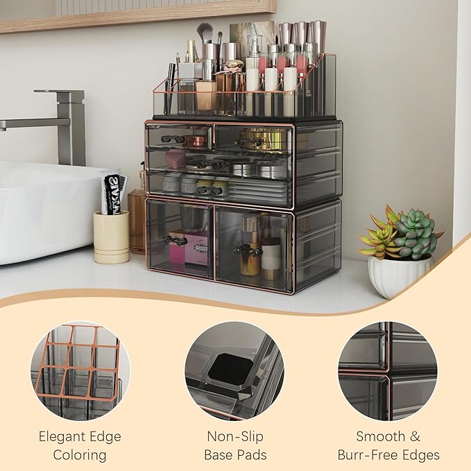 Delamu 3-Tier 6-Drawer Makeup Organizer Countertop Cosmetic Organizer for Dresser and Vanity Bathroom Organizers and Storage for Lipstick Brush Skincare Perfume, Nail Polish, Black with Gilded Borders