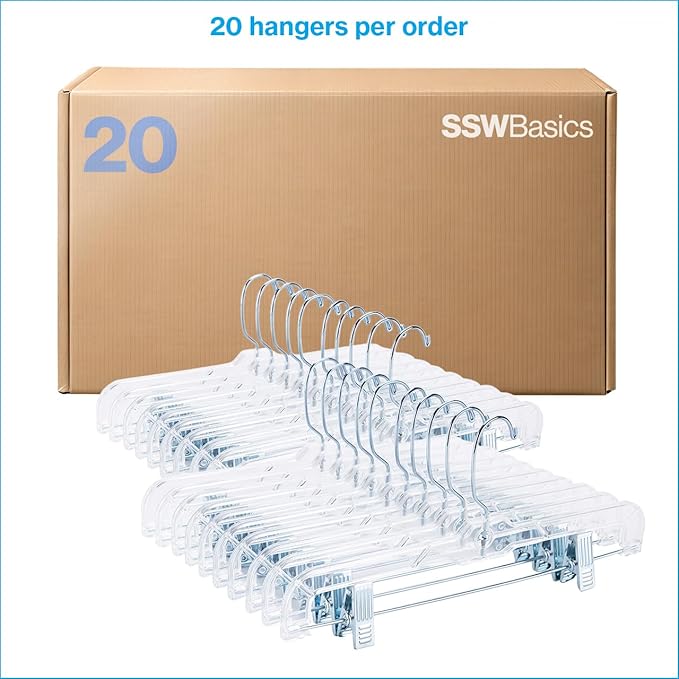 SSWBasics 14 Inch Clear Plastic Skirt Hangers and Pants Hangers with Clips - Pack of 20 Durable Hangers with Clips for Skirts and Pants