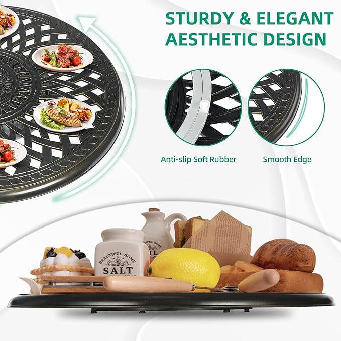 VIVIJASON 31" Cast Aluminum Lazy Susan Turntable, 360° Large Rotating Display Tray with Silent Bearings, Round Table Top Swivel Serving Plate with 2" Umbrella Hole for Outdoor Dining Table