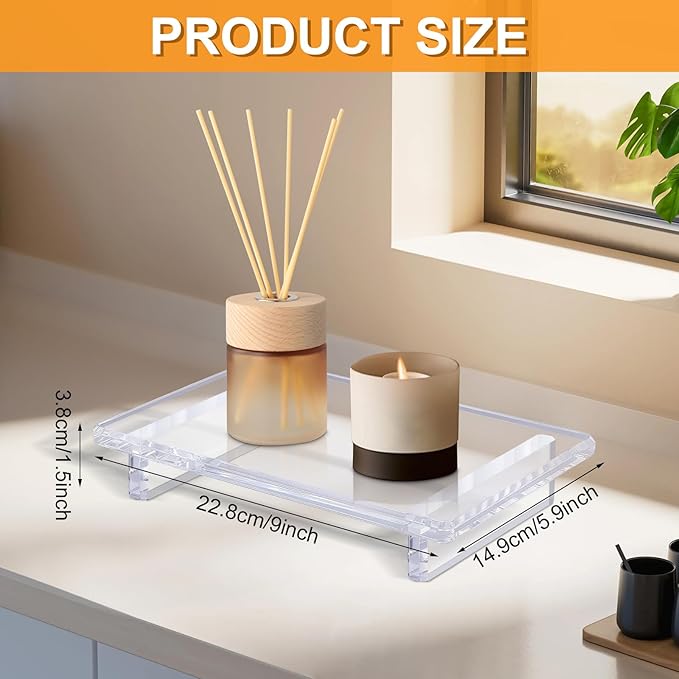 Acrylic soap Dish Tray for Bathroom Counter and Kitchen - Waterproof Countertop Organizer for Soap Dish, Vanity, Plants, Candles (1, Large-9 x 5.9 x 1.5 inch)